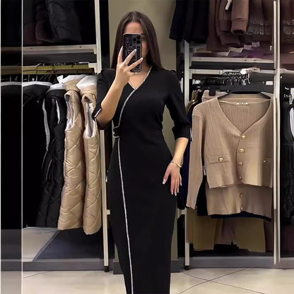 Long Sleeve V-neck Rhinestone Slim Fit Slit Dress