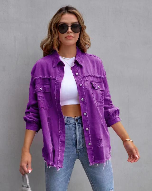 Fashion Ripped Shirt Jacket Female Autumn And Spring Casual Tops Womens Clothing