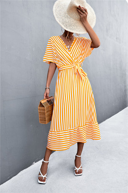 European And American Spring And Summer New Classic Hot Selling Product Cross V-neck Lace-up Striped Dress